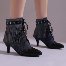 Carregar imagem no visualizador da galeria, Botas Feminina de Couro Sintético de Salto Alto, Cano Curto, Bico Fino, Estilo Vitoriano