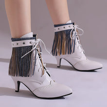 Carregar imagem no visualizador da galeria, Botas Feminina de Couro Sintético de Salto Alto, Cano Curto, Bico Fino, Estilo Vitoriano