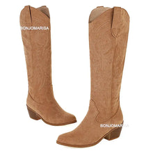 Carregar imagem no visualizador da galeria, Botas Altas Cowgirl Bordado Ocidental, Salto Grosso, Plataforma Plus Size 45
