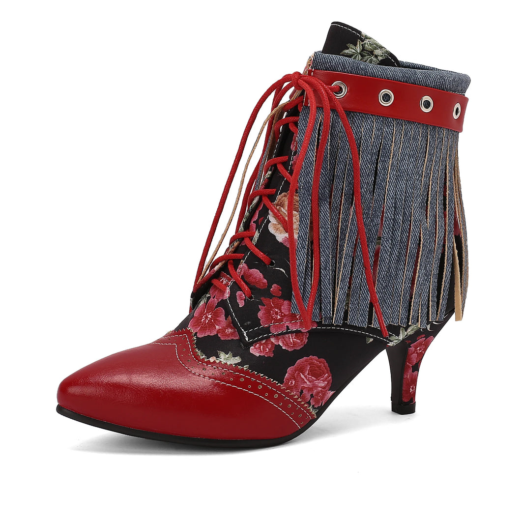 Botas Feminina de Couro Sintético de Salto Alto, Cano Curto, Bico Fino, Estilo Vitoriano