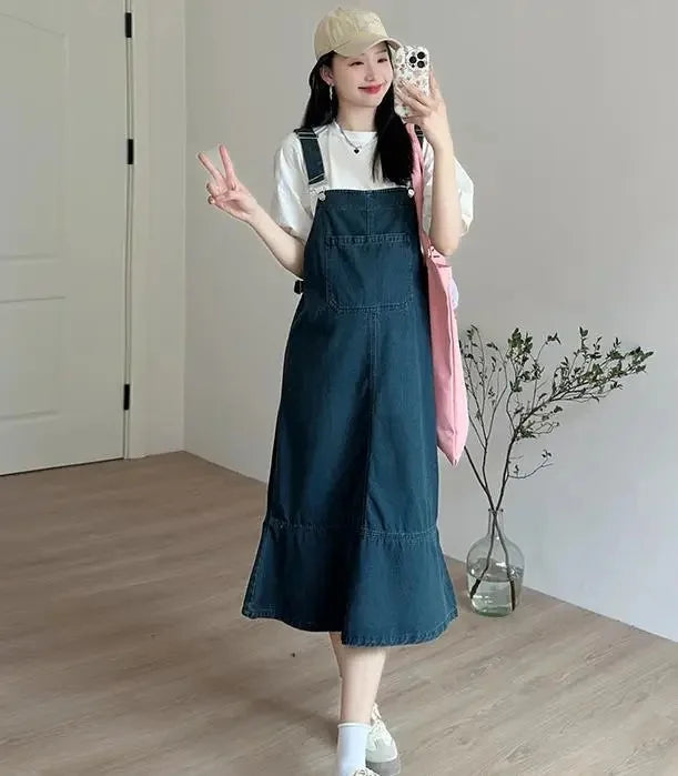 Vestido Maternidade, Design Fino, Cauda de Peixe, Macacão Jeans com Camiseta Interna