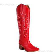 Carregar imagem no visualizador da galeria, Botas Altas Cowgirl Bordado Ocidental, Salto Grosso, Plataforma Plus Size 45
