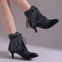 Carregar imagem no visualizador da galeria, Botas Feminina de Couro Sintético de Salto Alto, Cano Curto, Bico Fino, Estilo Vitoriano
