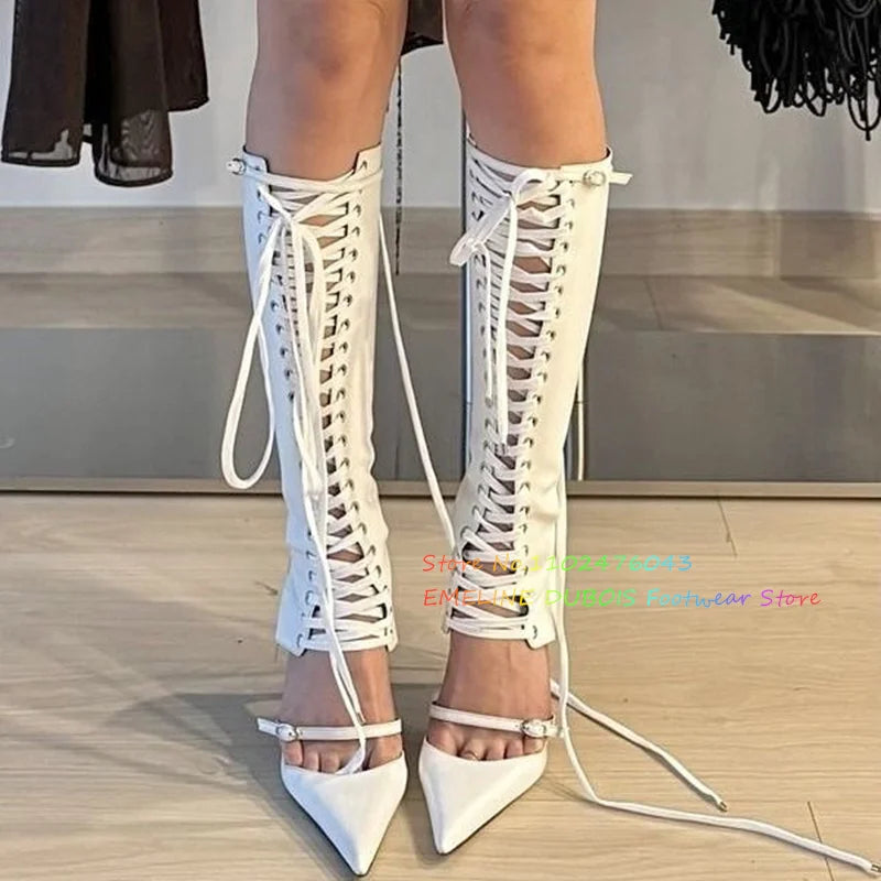 Bota Alta Feminina Verão, Rendas até o Joelho, Salto Stiletto, Frente Cruz Amarrado