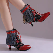 Carregar imagem no visualizador da galeria, Botas Feminina de Couro Sintético de Salto Alto, Cano Curto, Bico Fino, Estilo Vitoriano
