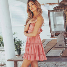 Carregar imagem no visualizador da galeria, Vestido Feminino de Verão, Rendas com Decote em V sem Costas, Cinta de Espaguete
