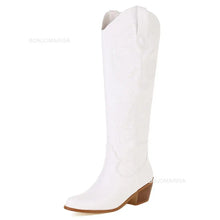 Carregar imagem no visualizador da galeria, Botas Altas Cowgirl Bordado Ocidental, Salto Grosso, Plataforma Plus Size 45
