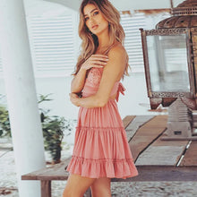 Carregar imagem no visualizador da galeria, Vestido Feminino de Verão, Rendas com Decote em V sem Costas, Cinta de Espaguete
